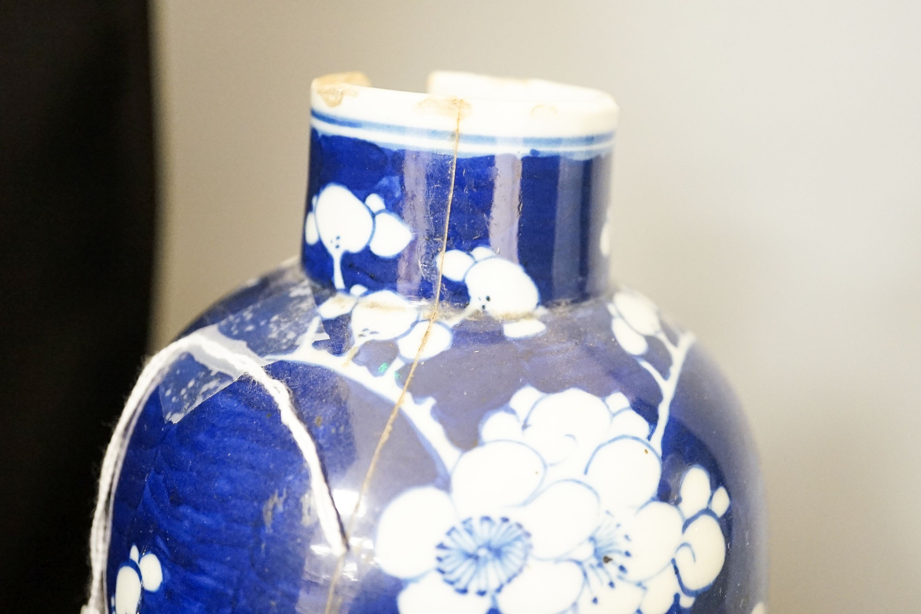 Two Chinese blue and white vases and a slender crackle glaze vase, Qing and later 30cm